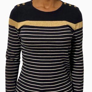 Lauren Ralph Lauren Navy Blue White Gold Stripe Cardigan/Sweater